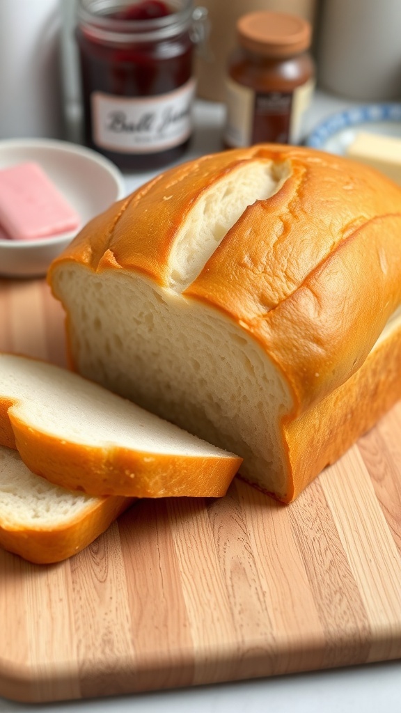 Homemade Sandwich Bread Recipe for Bread Maker Freshly baked sandwich bread loaf on a cutting board with slices, butter, and jam in the background.